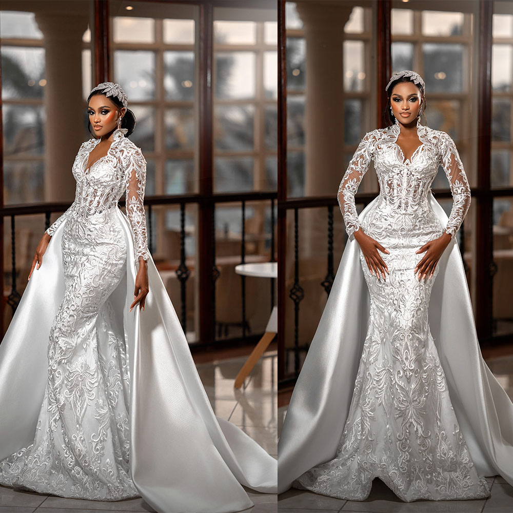 Vintage Wedding Dresses Lace Appliques Bridal Gowns with Detachable Train Mermaid Long Sleeve Customized Bride Vestidos De Novia Plus Size