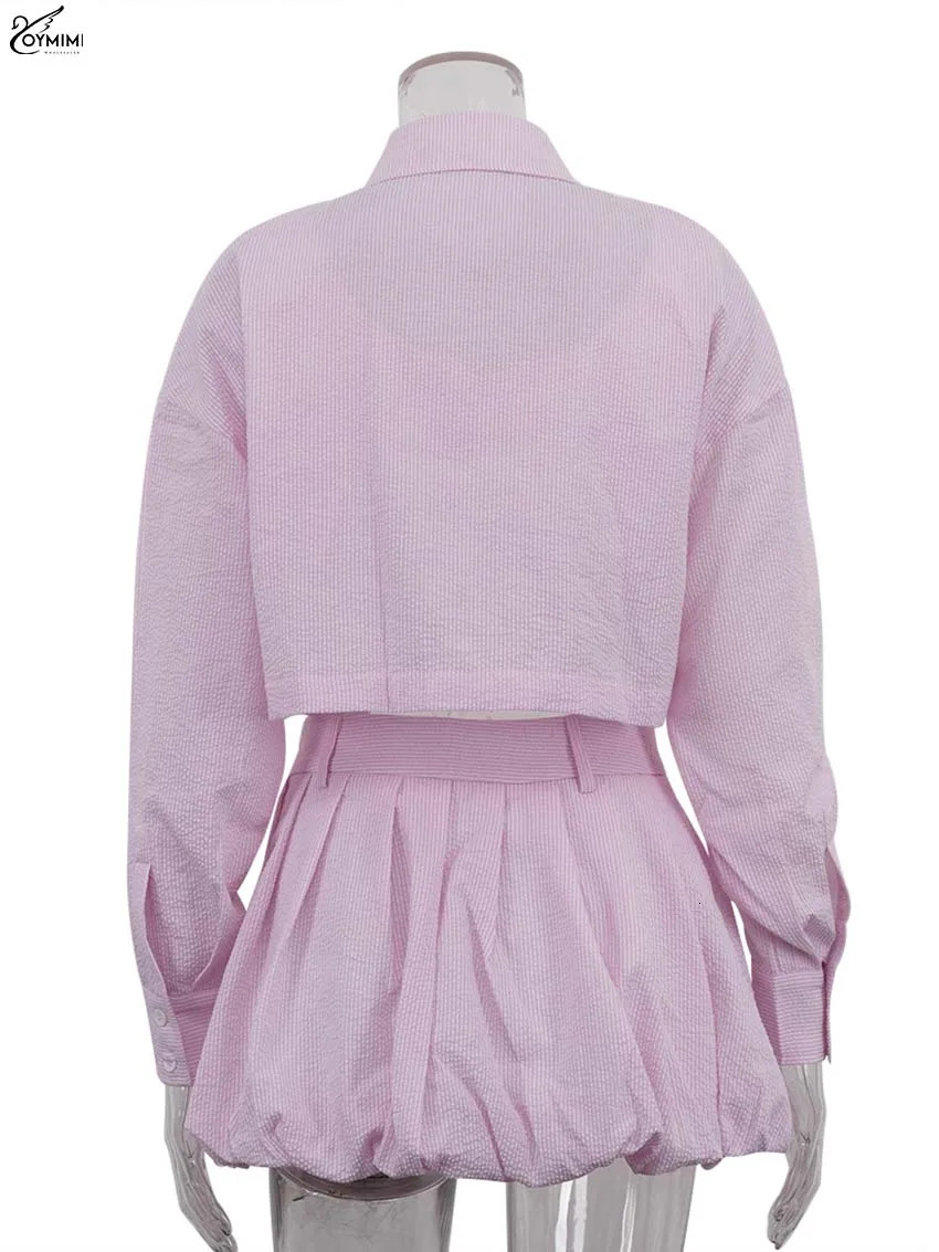 Oymimi Fashion Pink 3 Piece Sets Woman Outfit Casual Long Sleeve Crop Shirts And Button Patchwork Bra Solid Mini Skirts 250811