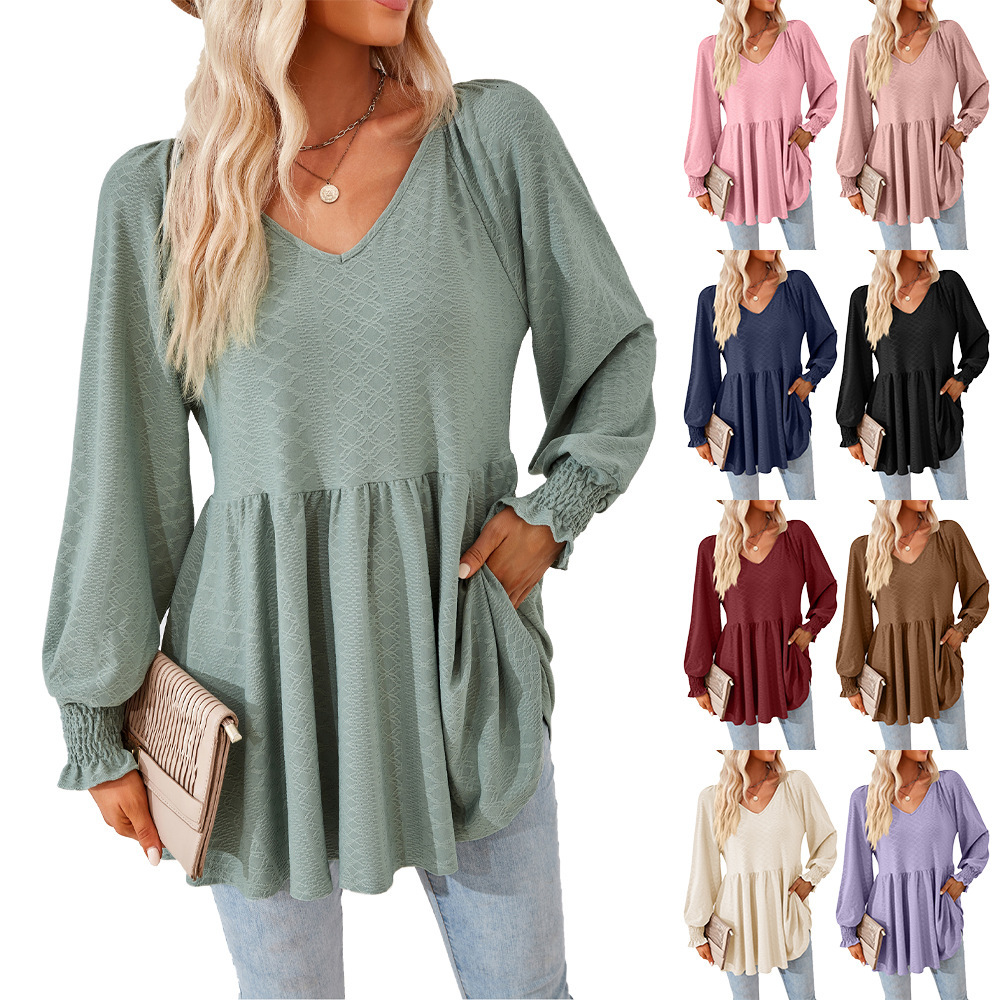 2025 Autumn and Winter Solid Color Patchwork V-Neck Jacquard Long Sleeve Loose T-Shirt for Women