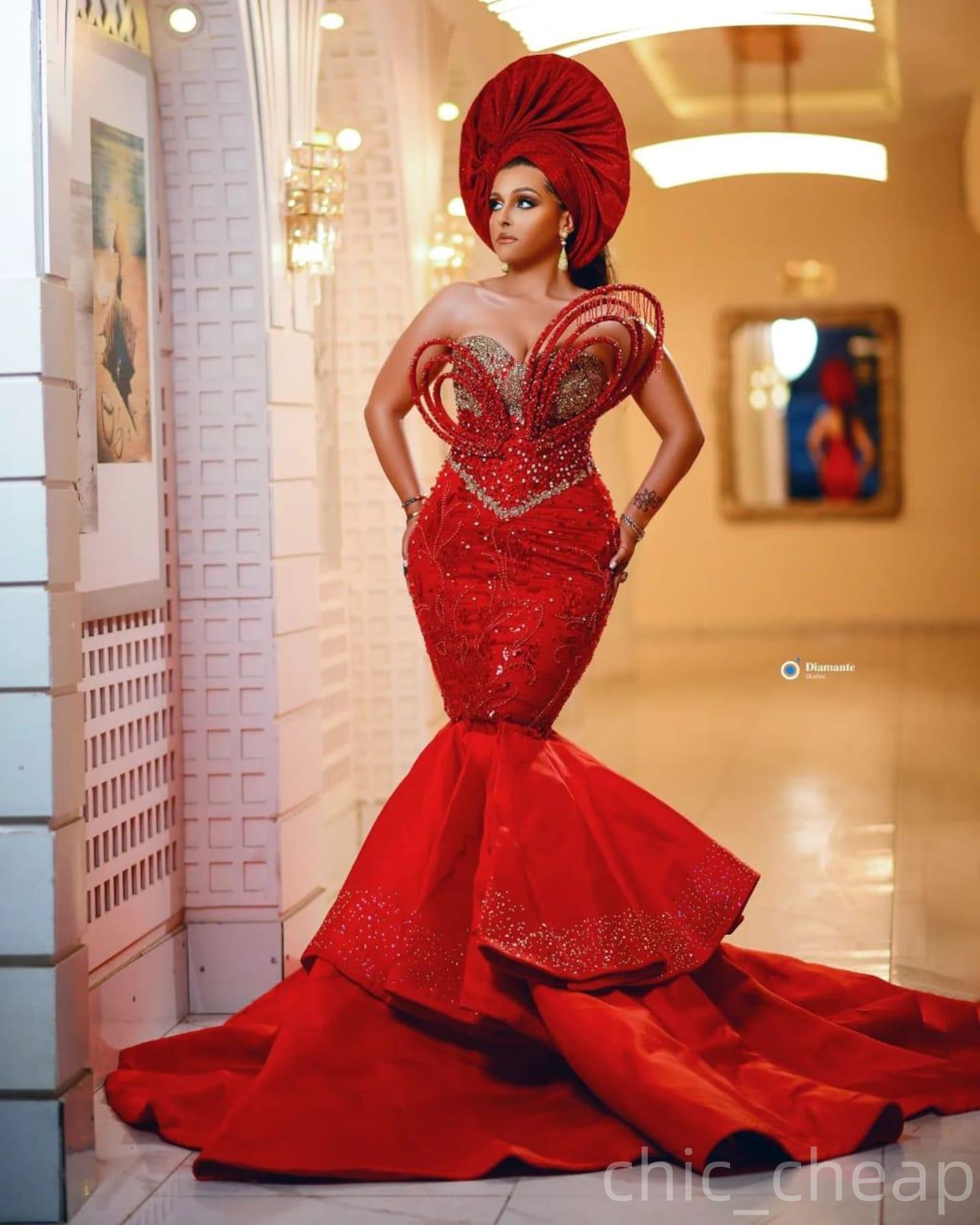 Red Mermaid Prom Dresses 2025 Stylish Crystals Sequined Satin Beaded Evening Formal Party Second Birthday Engagement Gowns Plus Size Dress For Special