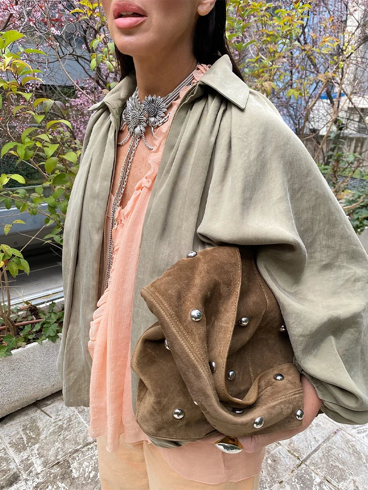 Street Loose Jackets Women Fashion Pleated Lapel Batwing Long Sleeve Female Coats 2025 Spring Summer Y2k Zipper Lady Outwears 250811