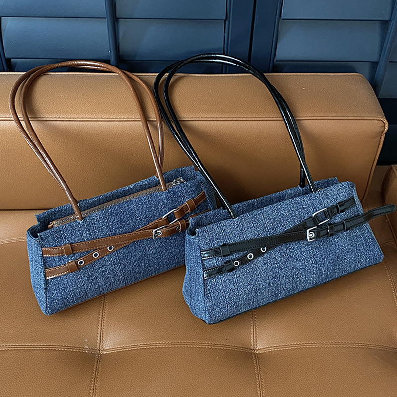 PU Denim Underarm High-End Color-Block Baguette 2025 New Korean Style Casual Niche Shoulder Bag ddmymoon