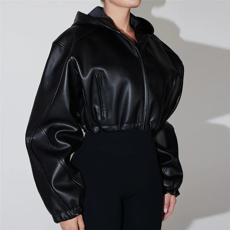 Temperament Autumn Cropped Leather Jacket Women PU Coat Lapel Zipper Hooded Black Streetwear n Short Tops Long Sleeve 250809