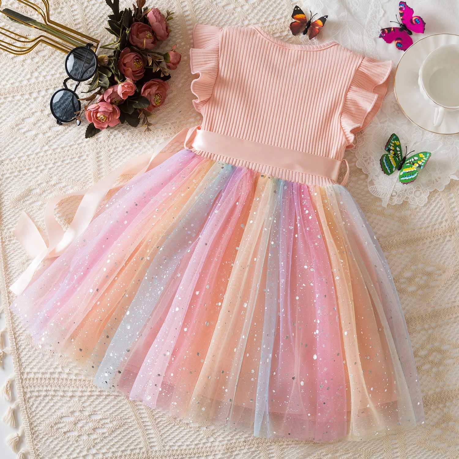 1-5 Years Old Baby Girls Sequins Dress for Birthday Toddler Girls Rainbow Tulle Dress Sweet Kids Princess Dress for Girls Summer Wear W250811