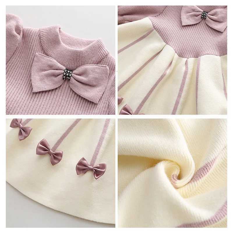 2025 Autumn Winter Toddler Girl Dress Loose Fleece Warm Round Collar Bowknot Baby Girl Knitted Dress Little Girls Princess Dress W250811