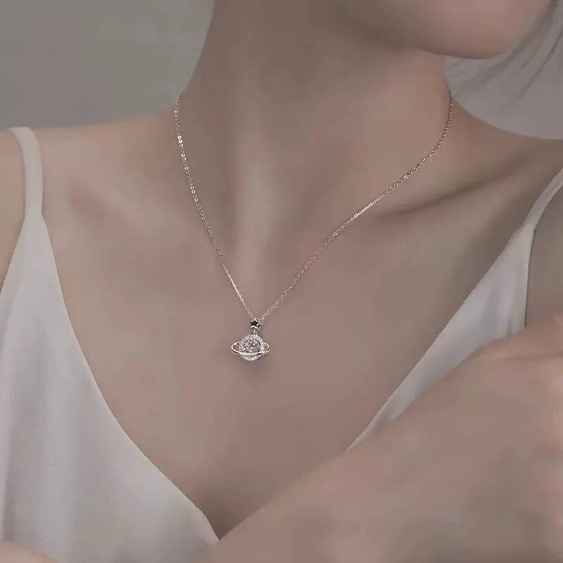 Sterling Sier Planet Necklace Simple Charm Shiny Geometric Shape Pendant Birthday Gift for Women Exquisite Jewelry