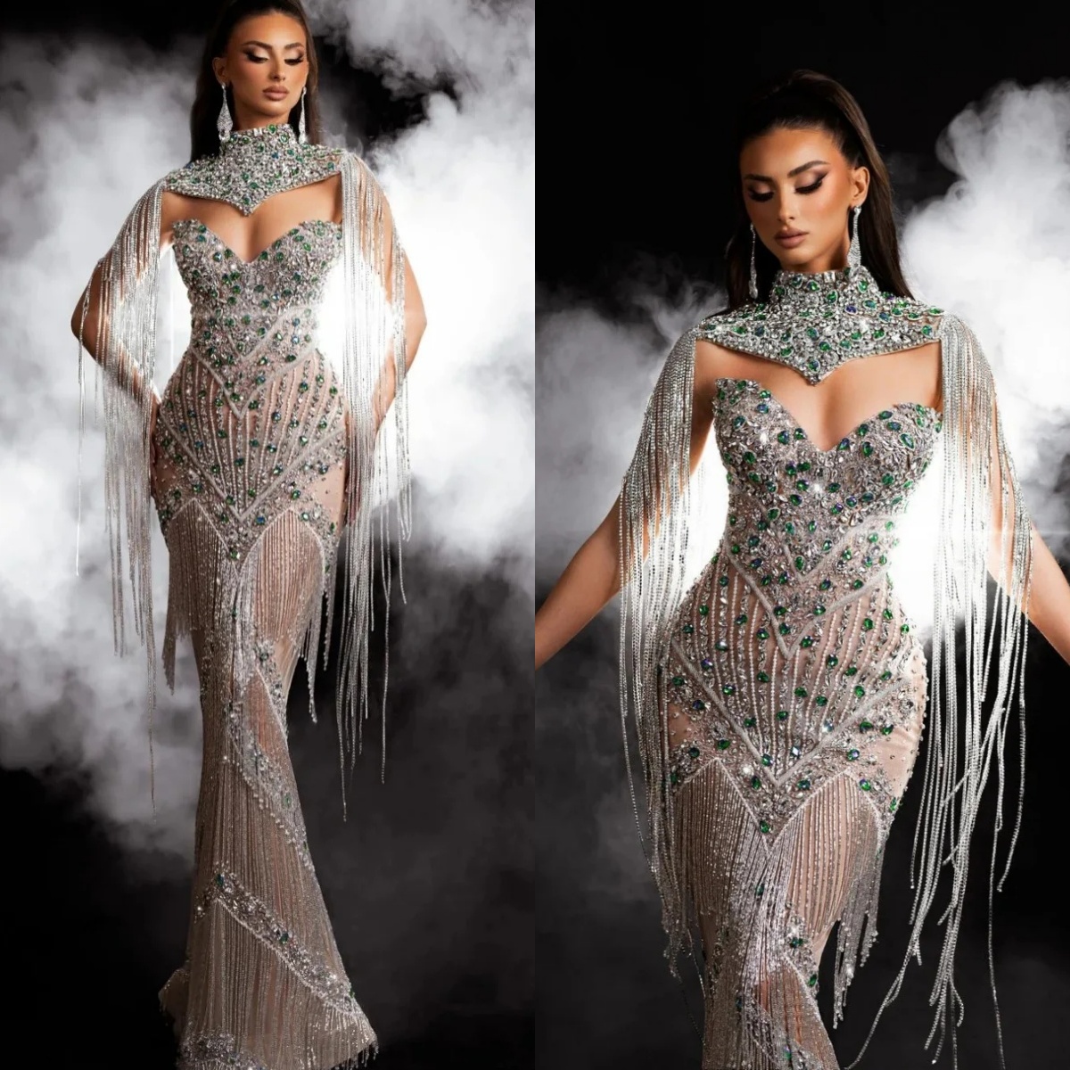 Luxurious High Neck Evening Dresses Customized Sexy Crystal Tassels Prom Dress Sequined Floor Length Party Gown