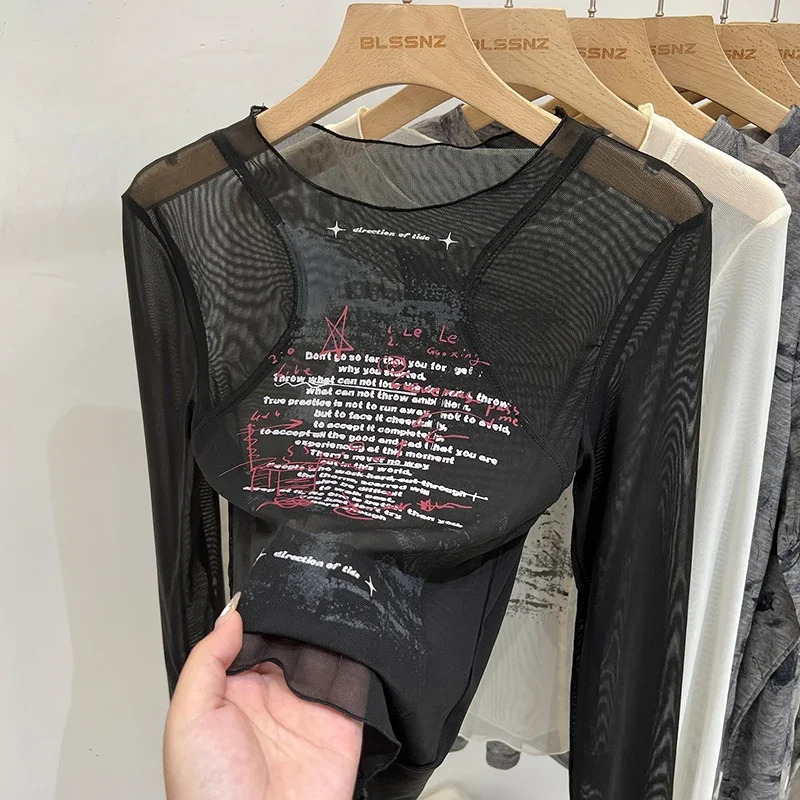 Summer Round Neck Transparent Bottom Shirts Tops Mesh See Through Womens Long Sleeve Seamless Top Print Blouses 250811