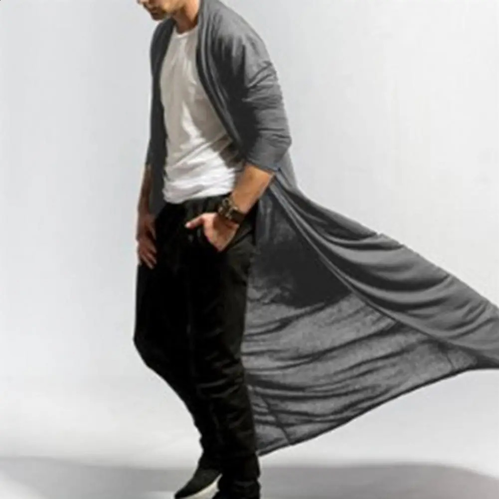 Mens Long Trench Coat Solid Color Windbreaker Open Front AnkleLength Men Jacket Cardigan Autumn Outerwear 250804