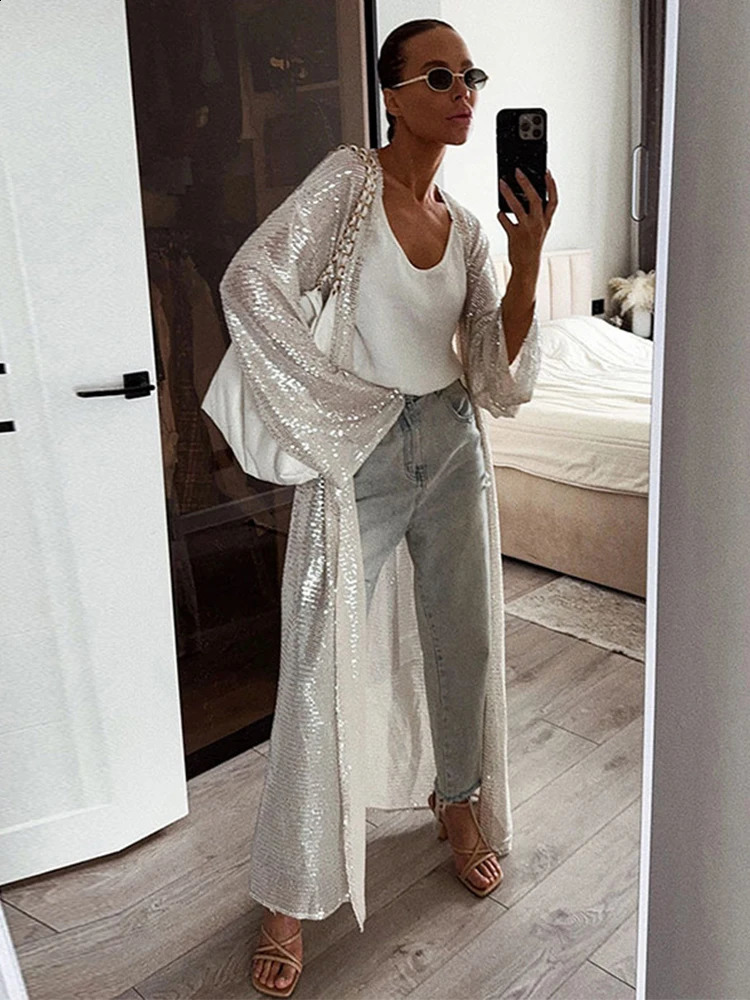 Sequin Oversized Maxi Cardigan Coat Women Open Front Long Sleeve Party Evening Outerwears Autumn Chic Casual Loose Fit Top 250804