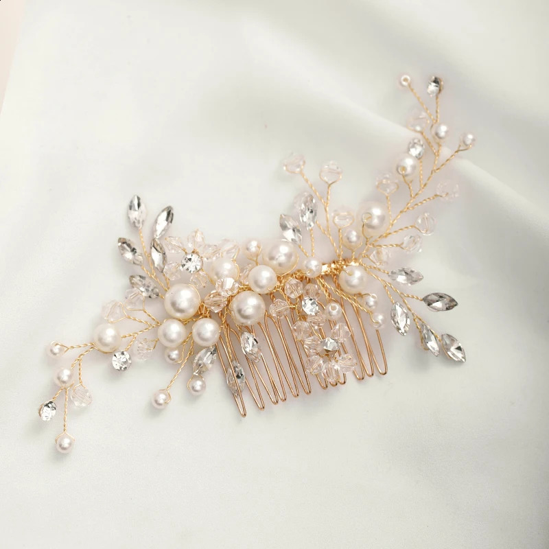 Trendy Gold Pearl Crystal Tiara Wedding Hair Combs Accessories for Bridal Headpiece Women Jewelry 250804
