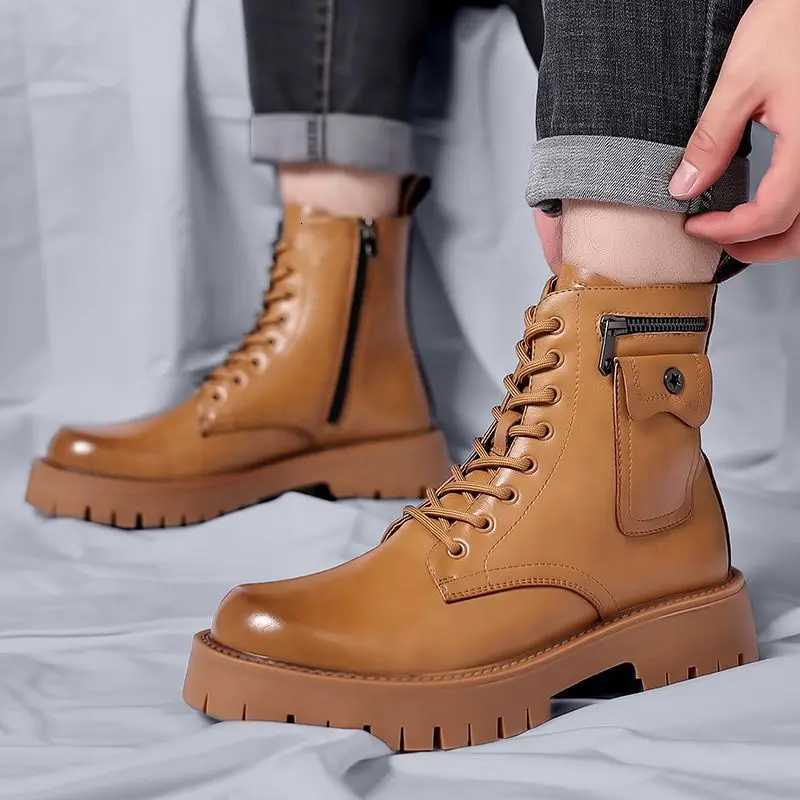 High Quality Men White Boots 2024 Fashion Zip Design Mens Leather Boot Anti-slip Lace-up Man Platform Boots W250811