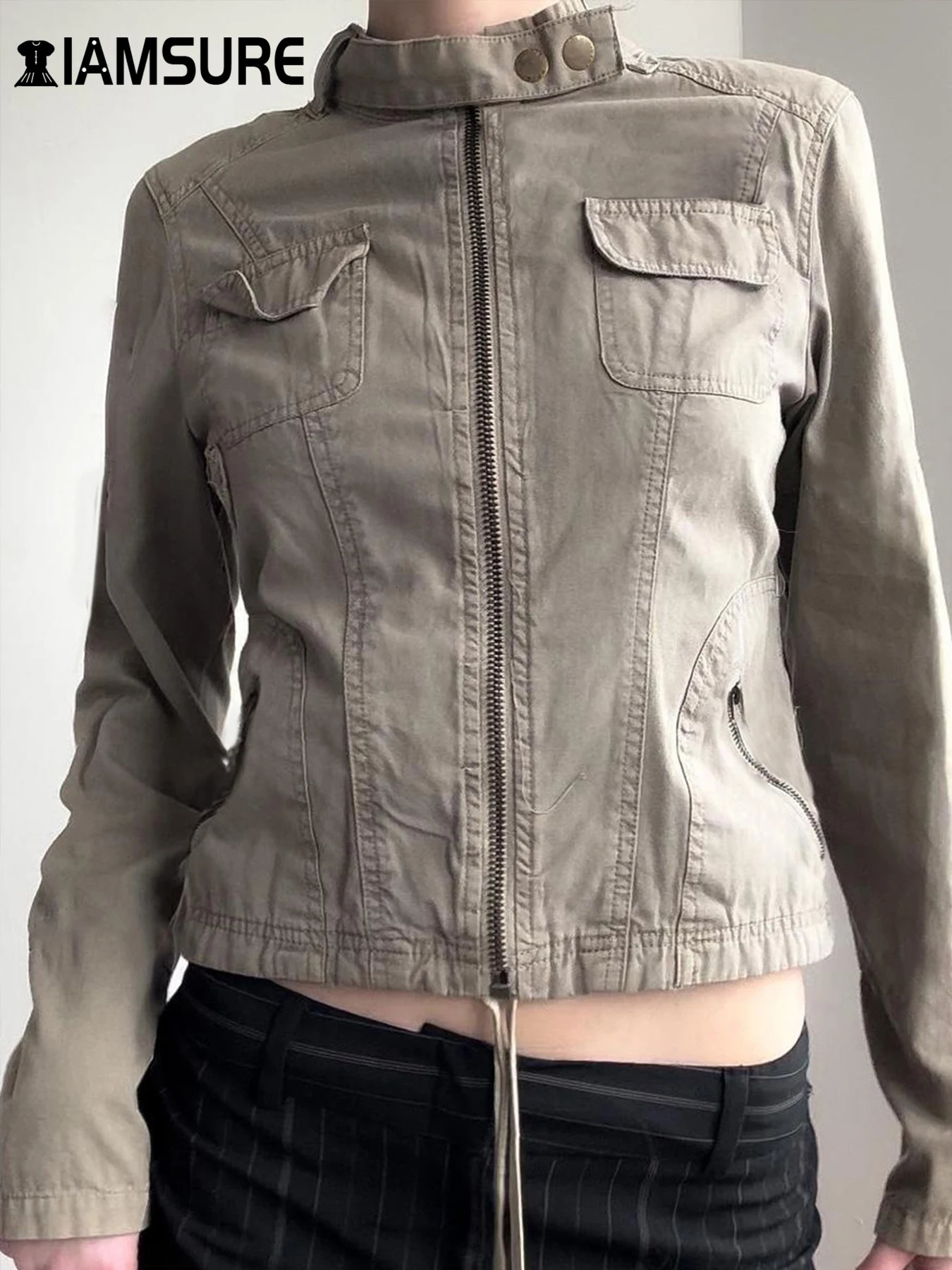 IAMSURE Safari Style Big Pockets Zipper Jackets Casual Solid Turtleneck Long Sleeve Coats Women 2 Autumn Winter Fashion Lady 250811