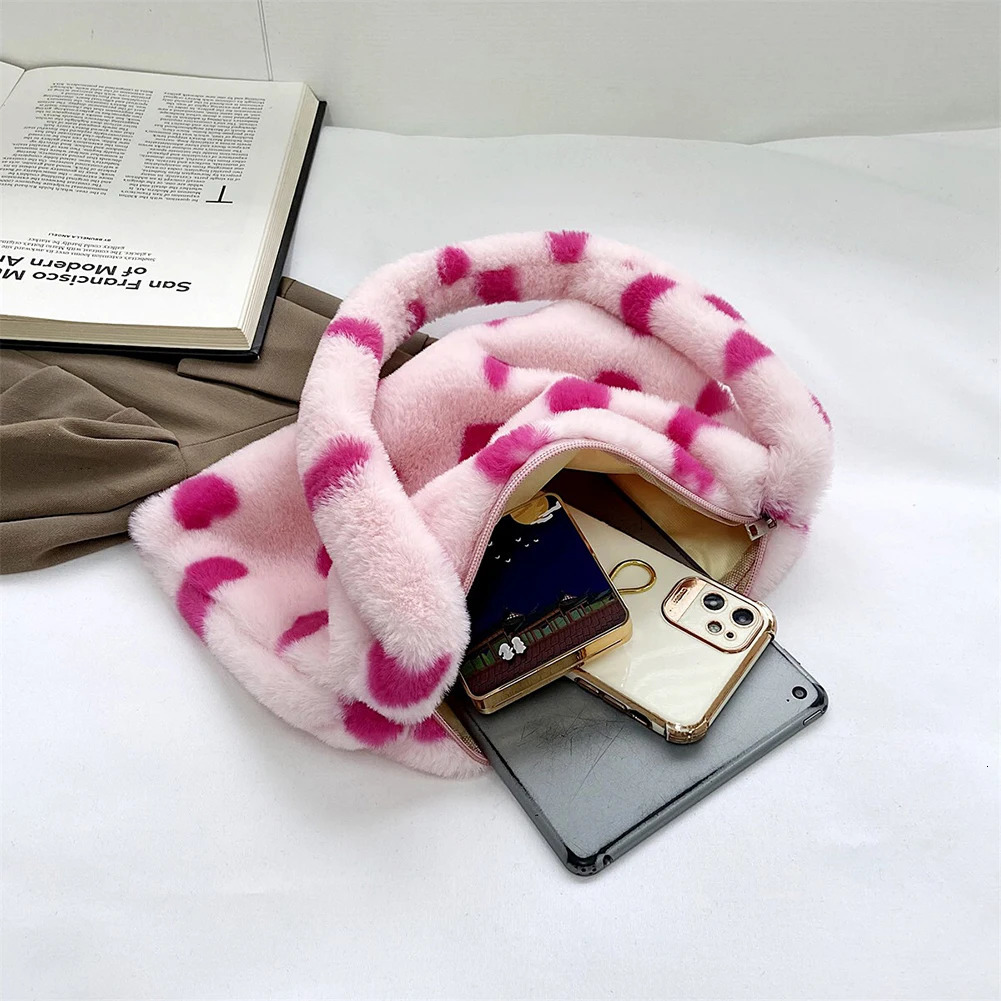INS Fashion Women Plush Flower Pattern Shoulder Bags Elegant Female Underarm Fur Handbag Furry Fluffy Tote n 250811