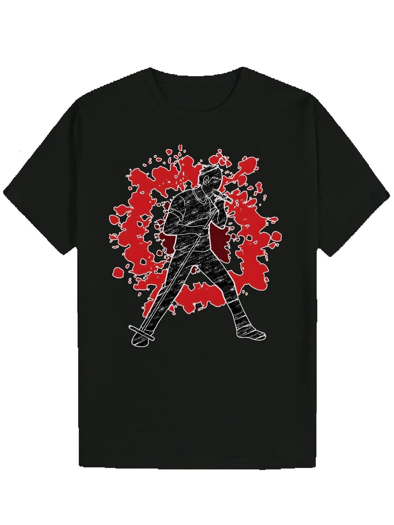 Men's Summer Pattern - Black Polyester Crew Neck T-Shirt with Dynamic Warrior Print, Short Sleeve, Lightweight and Breathable, Suitable for Casua