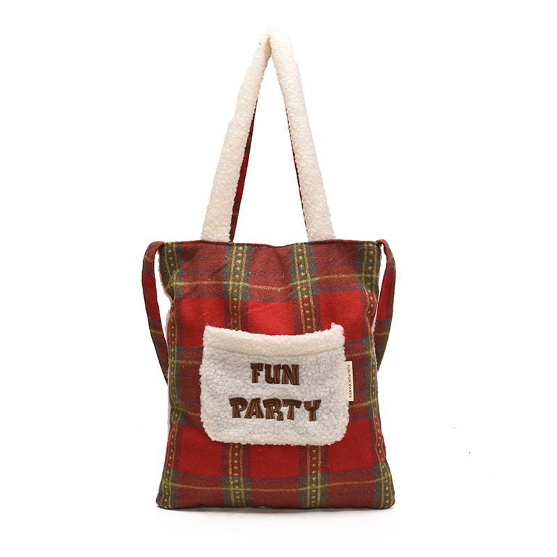 Christmas Red Plaid Lamb Wool Patchwork Autumn Winter Handbag Crossbody Large Capacity Tote Student Reversible Shoulder Bag