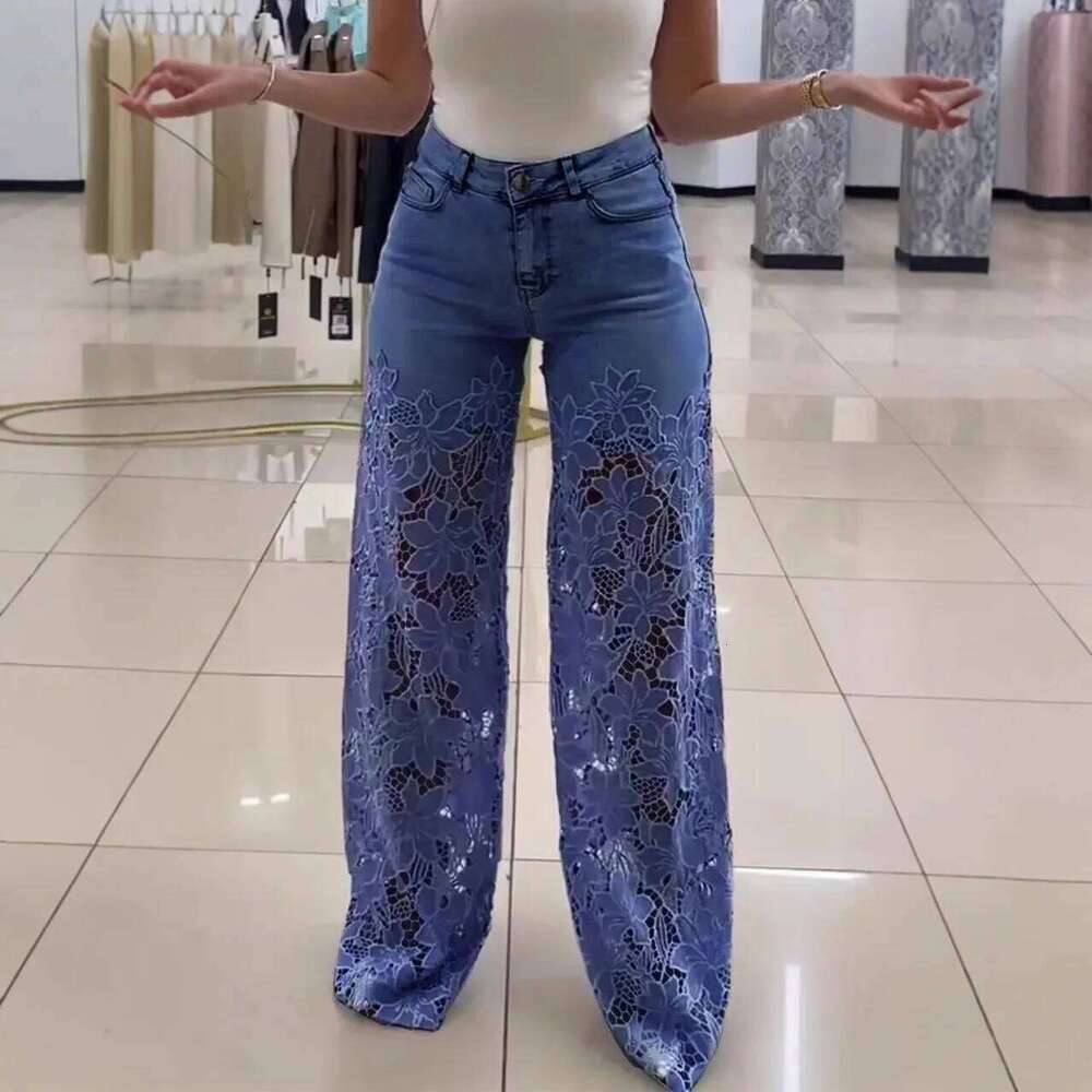 Crochet Hollow Out Flower Jean Women Pants Baggy Zipper Pocket Button Straight Leg Trousers 2025 Summer Elagant Y2k Lady Outwear