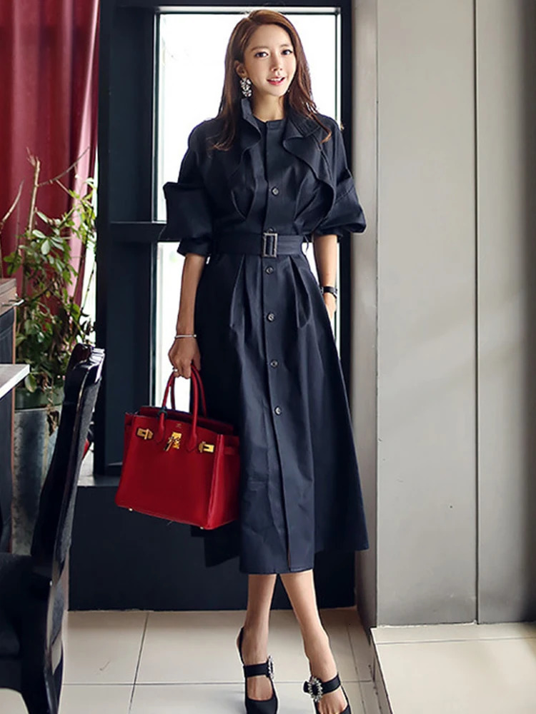 Elegant Women Windbreaker Casual Single Breasted Belt Pocket Jacket Coat Femme Mujer Chic Long Trench Outerwear Spring Autumn 250809