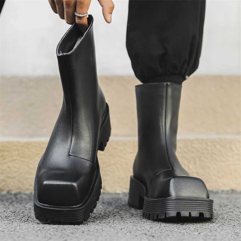 Large Size Men Fashion Punk Rock High Chelsea Boots Designer Square Toe Shoes Cowboy Autumn Winter Boot Platform Leather Botas W250811