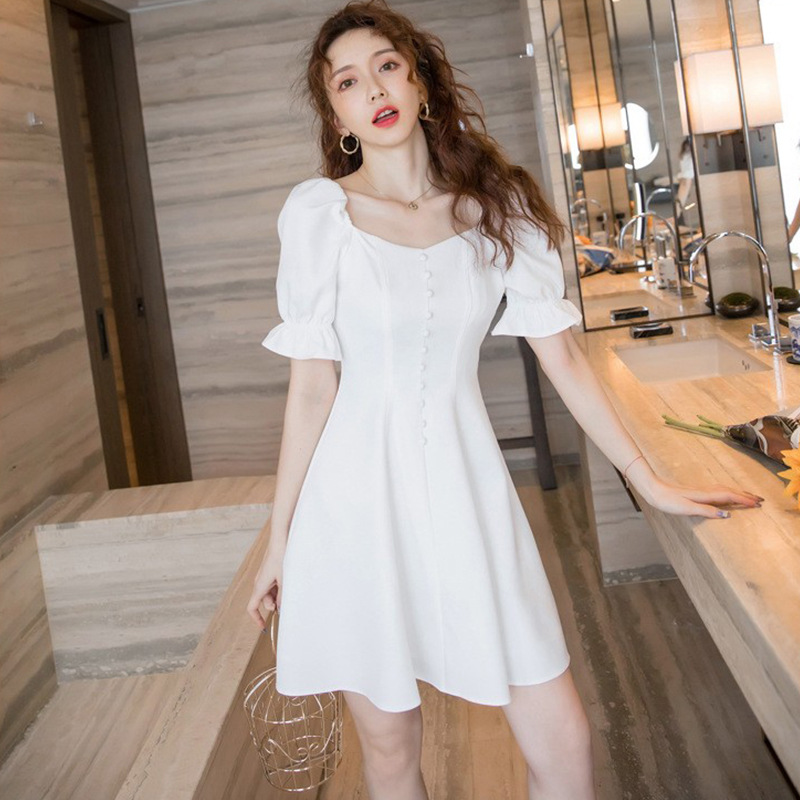 LW62187 New casual style dress short skirt white dress French temperament square collar slim fit