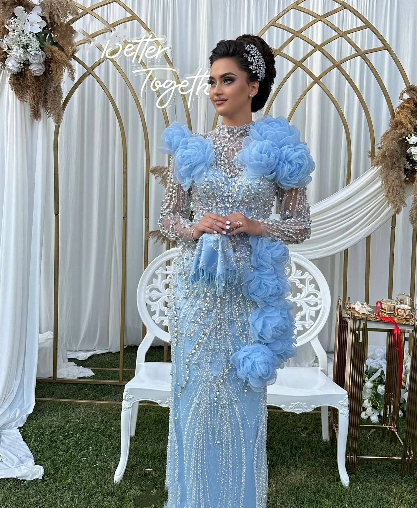 Modern High Neck Evening Dresses Crystal Pearls Prom Gowns Ruffle Flowers Sequins Long Sleeves Customized Party Dresses Vestidos de noche Plus Size