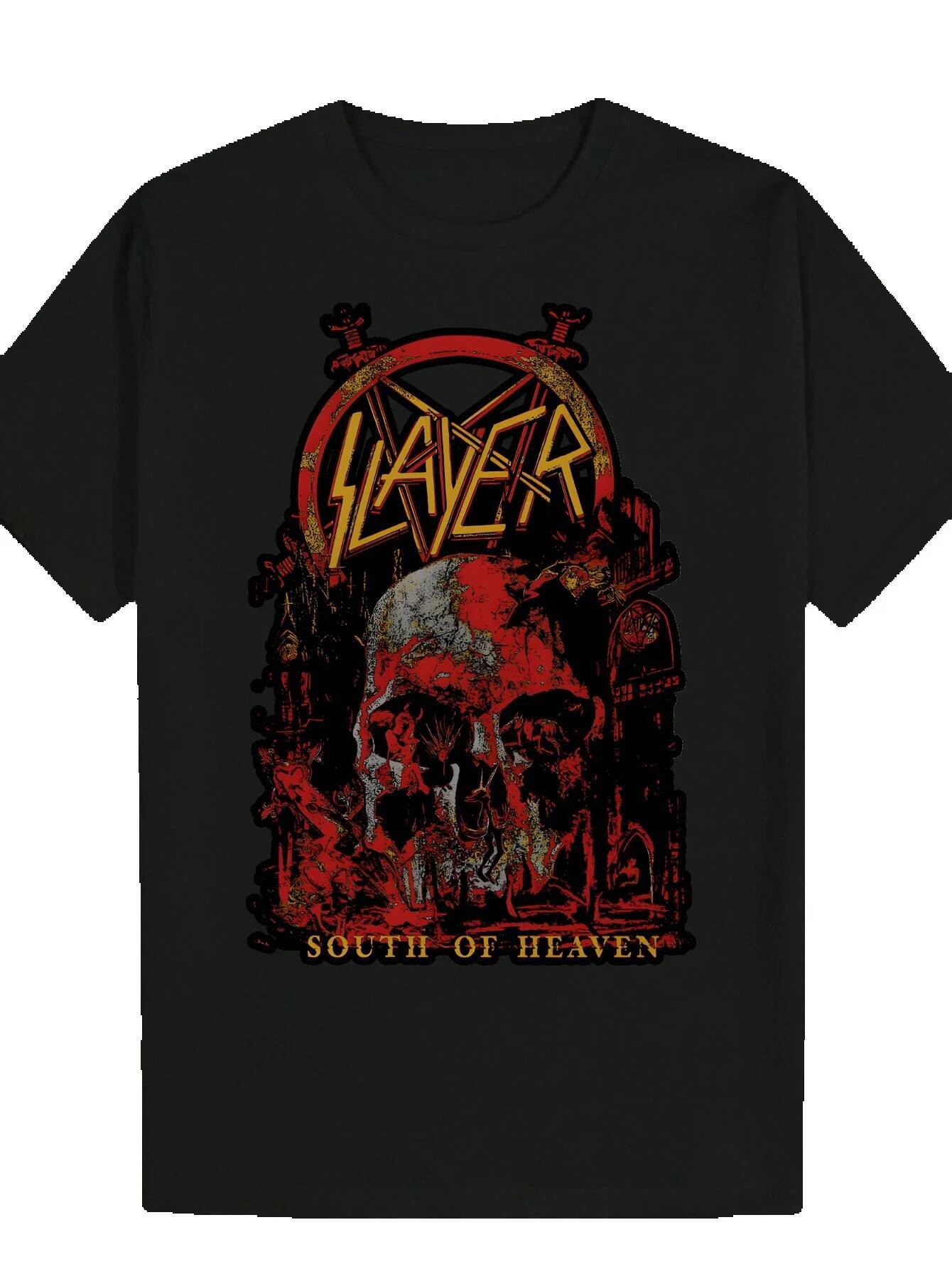 Men's Round Neck Polyester T-Shirt with Killer Skull Pattern, Letter Print, and Red Accents - Gothic Punk Style, Suitable for Men, Summer Avant-g