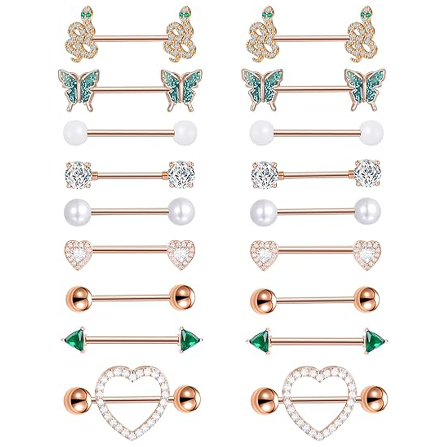 9Pairs Nipple Rings 14G Stainless Steel Heart Butterfly Snake Ball Emerald Triangle CZ Barbell Tongue Rings Set Body Piercing Jewelry for Women 16mm R