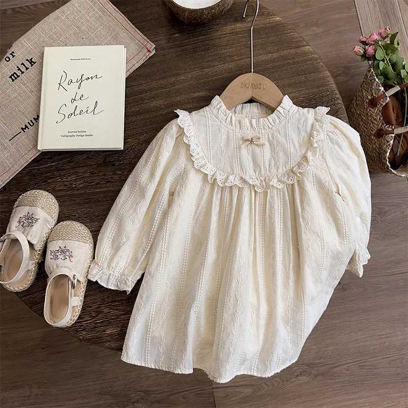 Autumn Korean Kids Baby Girls Dresses Flower Lace Long Sleeve Dress For 1-8 Years Old Girls Cotton Solid Children Girls Princess Dresses W250811