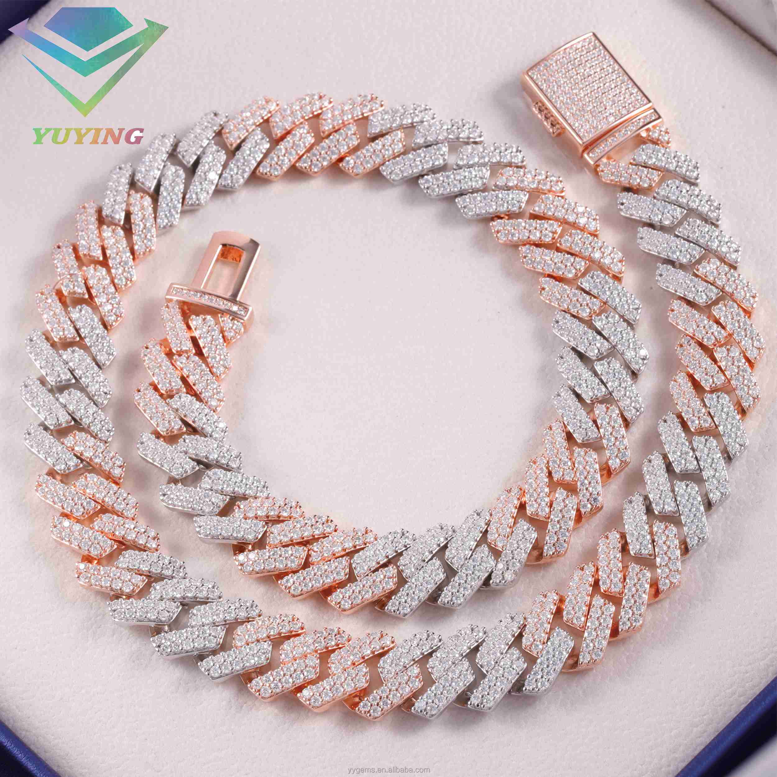 Hip Hop 2 Tones Rose and White Gold Iced Out VVS Moissanite 15mm 2Rows Diamond 925 Sterling Silver Cuban Link Chain