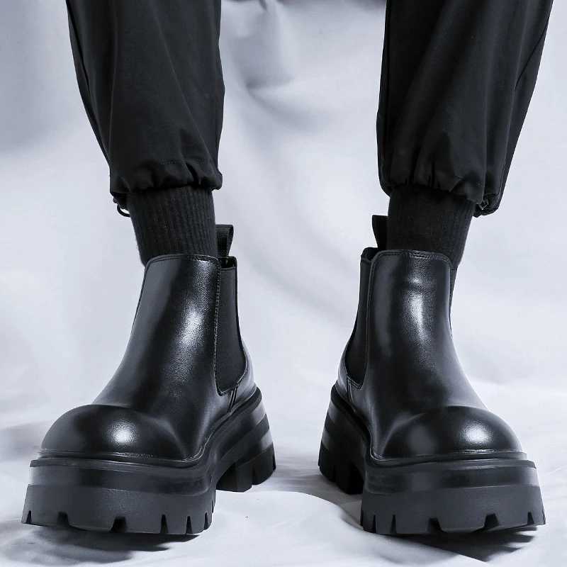 Autumn Men Platform Chelsea Boots Casual Business Genuine Leather Ankle Boots Men Flats Sneakers British Party Dress Shoes W250811