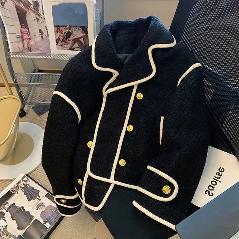 Autumn Winter Turn Down Collar Lambwool Coat Women Vintage Splices Loose Jackets Female Thicken Outwears Jacket 250809