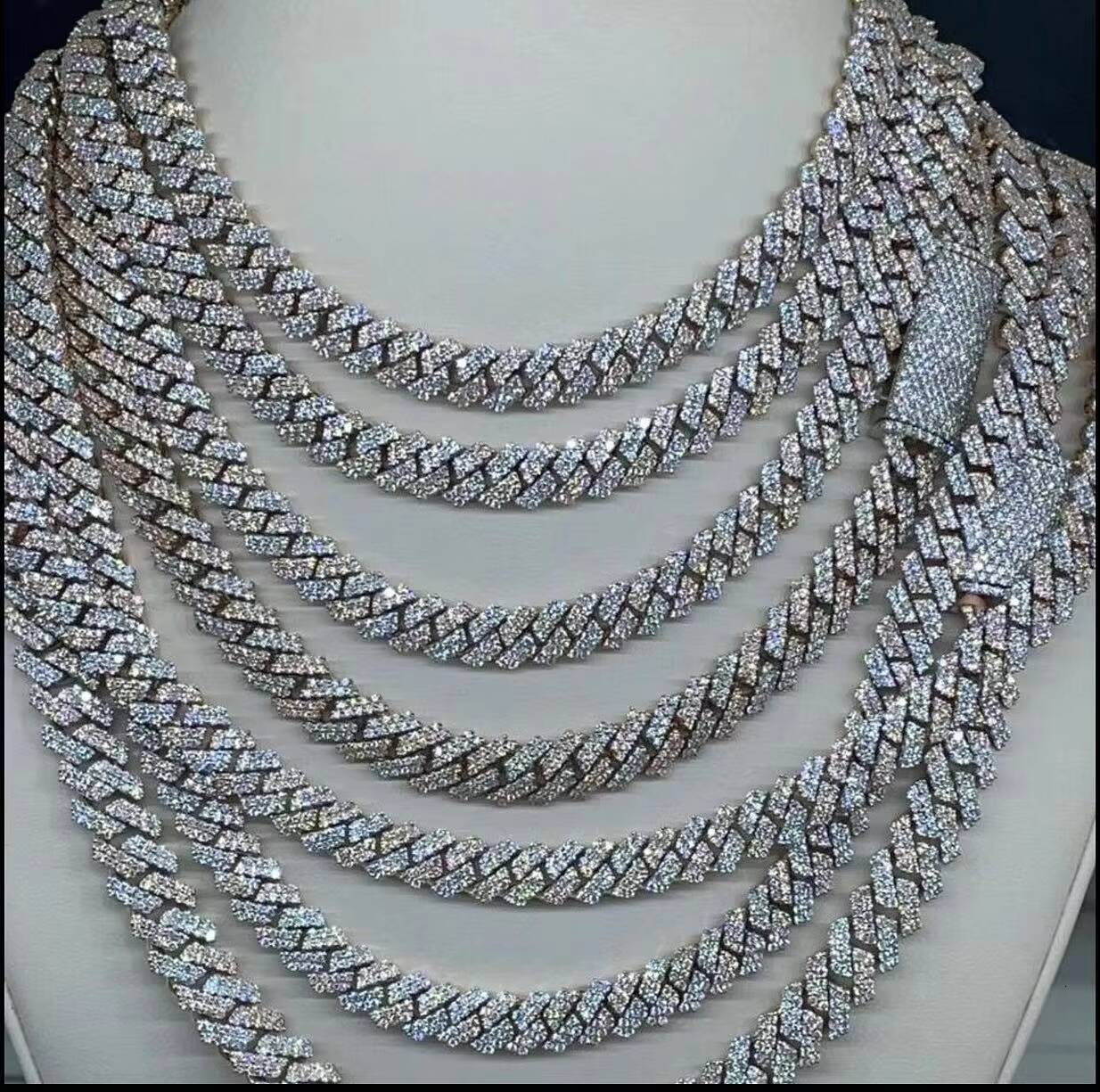 12mm 14mm 15mm 18mm 22inches 925 Silver Cuban Chain Moissanite Round Cut Moissanite Diamond Jewellery ICE OUT Cuban Chain