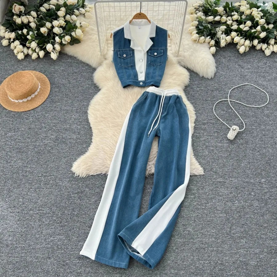 Jeans 2 Piece Set Women Streetwear Outfits Denim Vest Sleeveless Single Breasted Distressed Wide Leg Pants Casual Ensemble 250806
