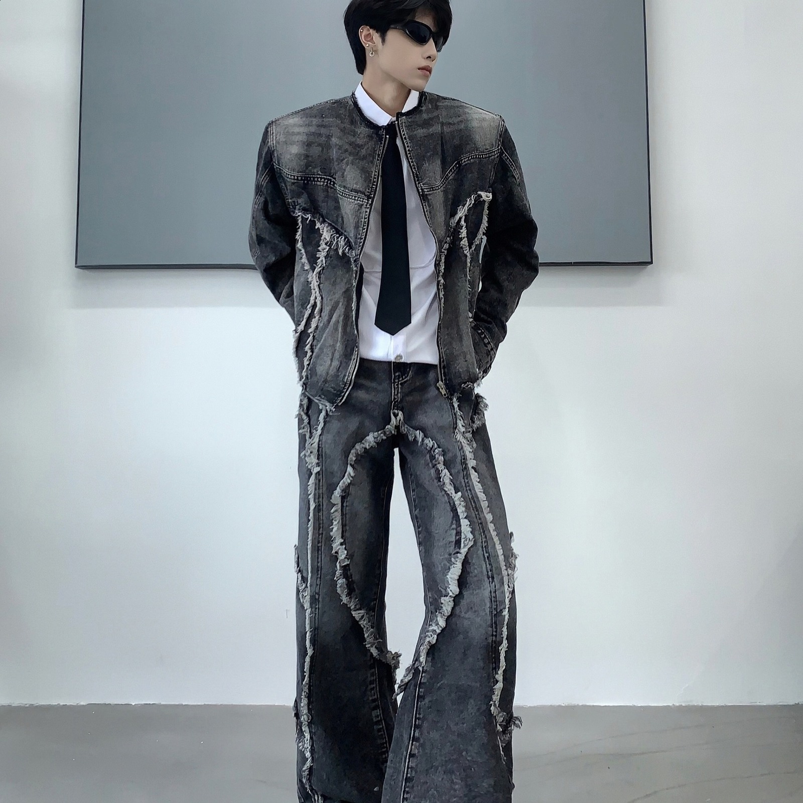 Streetwear Mens Clothing Harajuku Punk Striped Embroidered Denim Jacket Coat Goth Black Straight Pockets Skull Graphic Trousers 250221