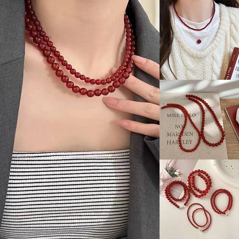 Vintage Red Beaded Necklaces for Women Chinese Style Glass Beads Necklace Exquisite Elegant Choker Aesthetic Jewelry Accessories Jewelry for Women