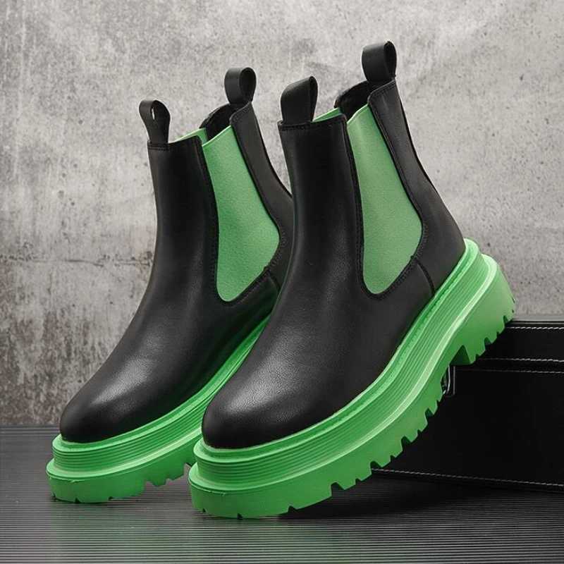 Mens Chelsea Boots - Unisex Couple Style Platform Mid-Calf Leather Boots Slip-On Round Toe Fashion Boots in White Green W250811