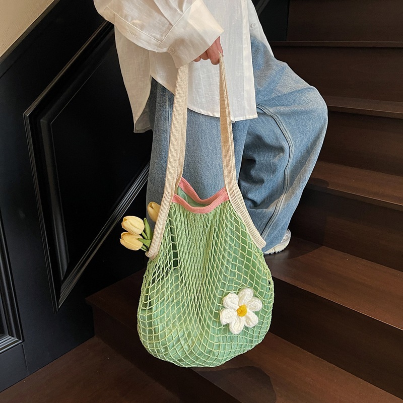 Woven Handbag Pure Canvas Market Shopping All Cotton Mesh Pouch Shoulder Lightweight Bag ddmymoon