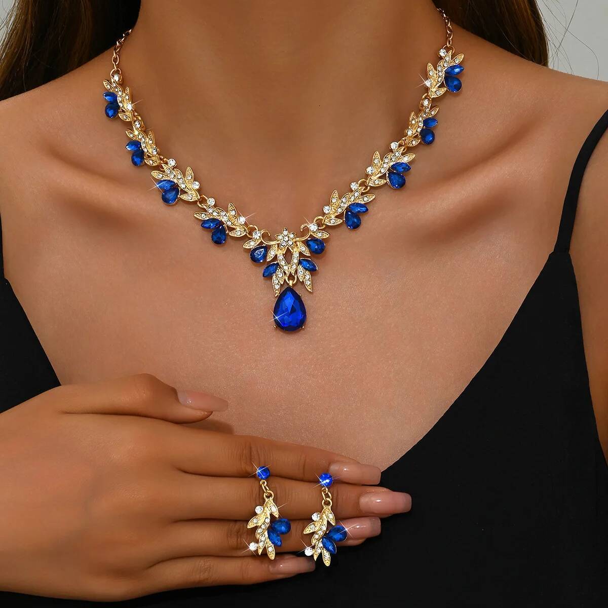 3pcs New Fashion Sets Women Waterdrop Collar Choker Necklace Earring Jewelry Set for Prom Birthday Bridal Wedding