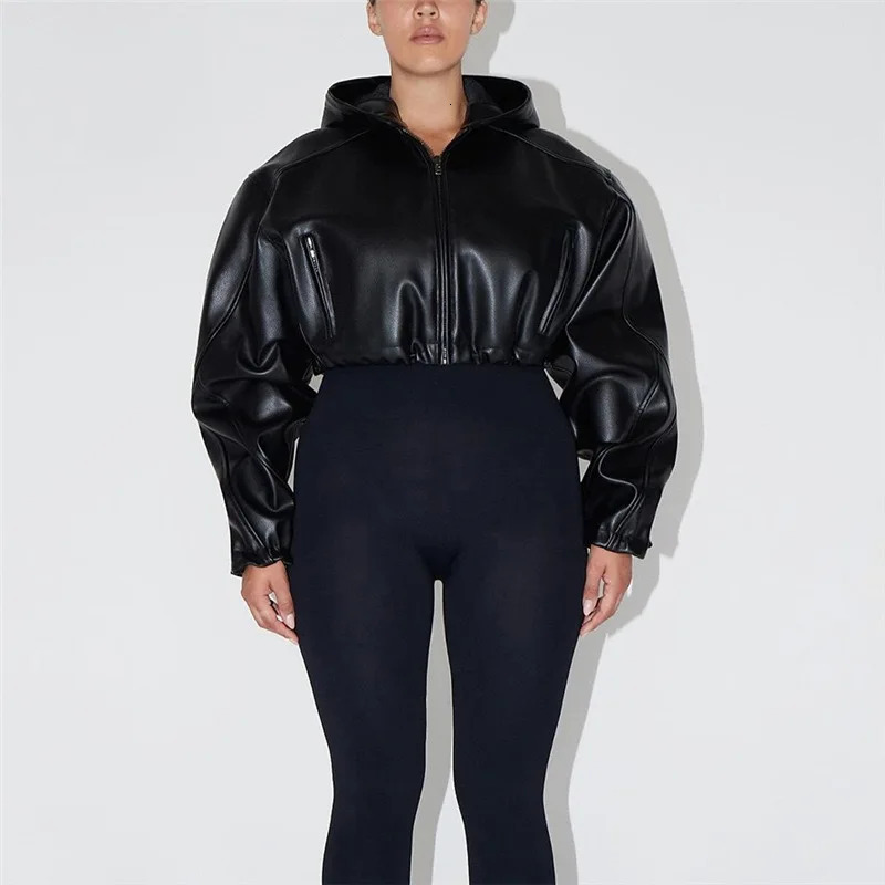 Temperament Autumn Cropped Leather Jacket Women PU Coat Lapel Zipper Hooded Black Streetwear n Short Tops Long Sleeve 250809