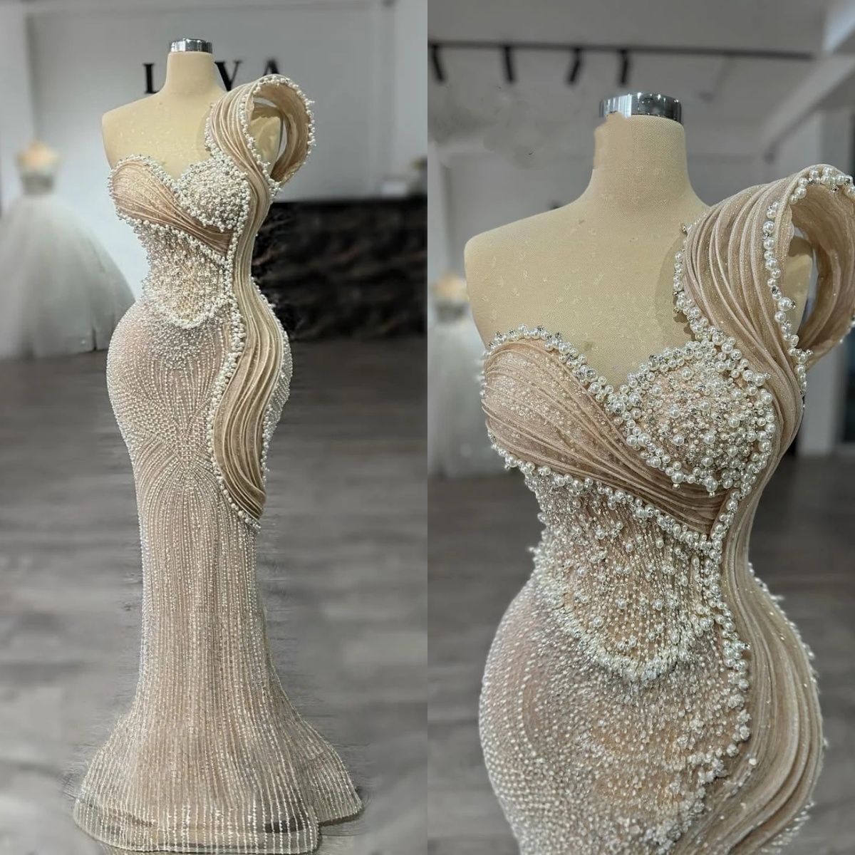 Fashion Pearls Evening Dresses Beading Rhinestone Prom Gowns Sequins Mermaid Sleeveless Customized Bride Vestidos de noche Plus Size