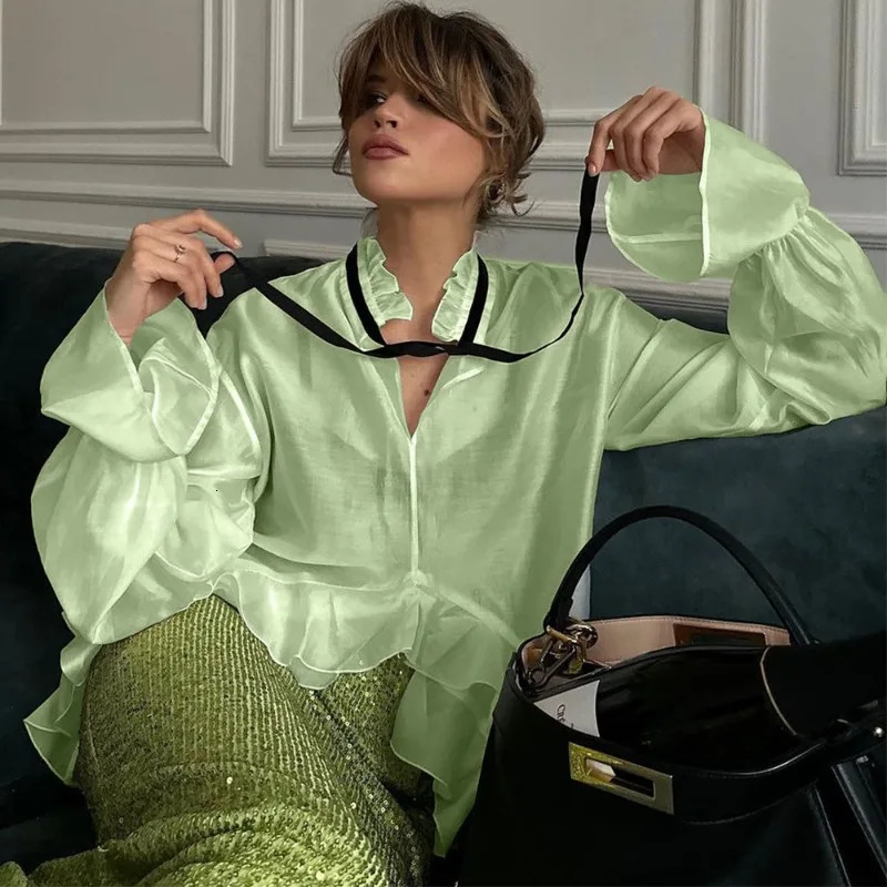 Talenza Sexy Loose White WomenS Shirt Fashion Ruffle Collar Long Sleeve Blouses Elegant See Through Top Female Clothing 250811