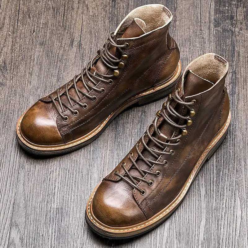 Retro Big Round Toe Mens Work Boots British Style Cool Leather Lace Up Mens Autumn Winter Casual Shoes W250811