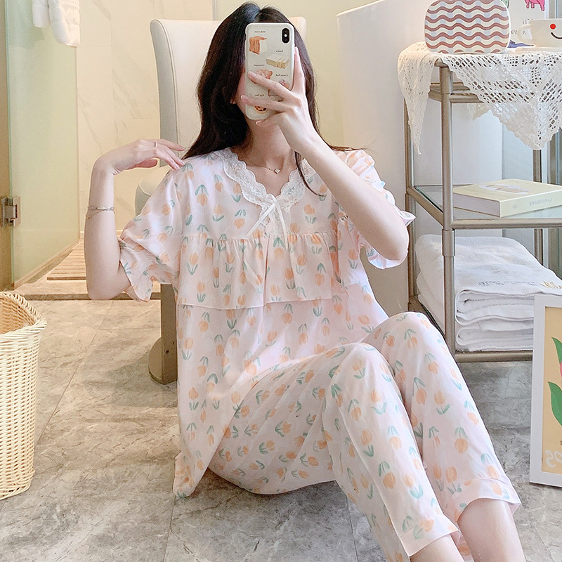 B1012-Cotton silk nightdress women's spring and autumn casual short-sleeved pajamas summer thin high-end touching cotton home clothes