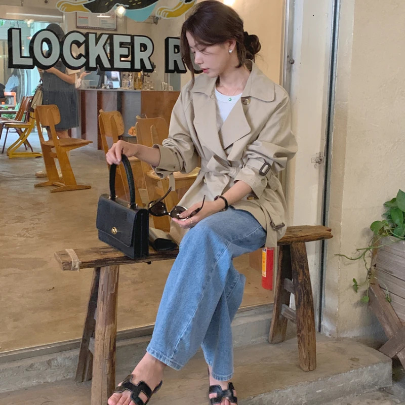 Womens Vintage Trench Coat Jacket with Belt Double Breasted Short Slim Windbreaker 250809