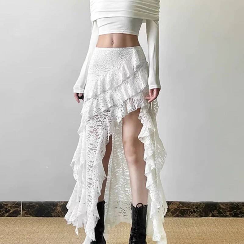 2025 Summer New Women's Sexy High Waist Lace Ruffle Skirt Women's Spring fashion Irregular Y K Skirt Women's Fashion Black Patch Party 