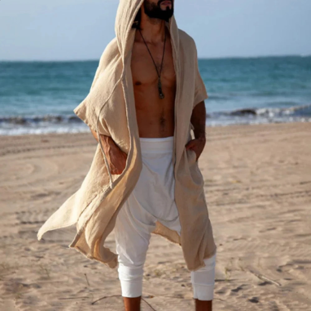 2025 Summer Mens Solid Color Hooded Sun Protection Beach Clothes Fashionable Travel Holiday Style Allmatch Casual Cape 250804