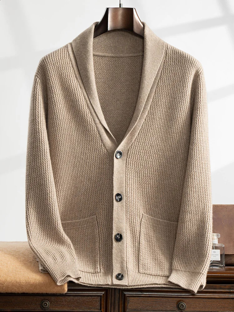 High Quality Men 100% Cashmere Sweater Winter Thick Cardigan Turn Down Collar Smart Casual Sweater Coat Warm Cashmere Knitwear 250806