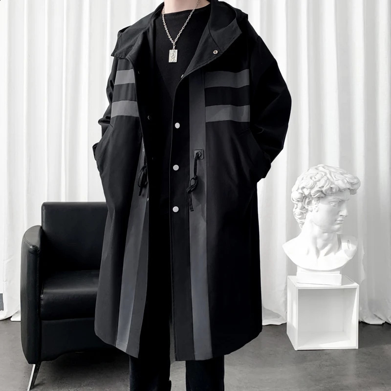 Trench coat Mens Windbreaker Patchwork Color Medium Long Trenchcoat Korean Fashion Covered Button Male Hooded Trench Jacket 250801