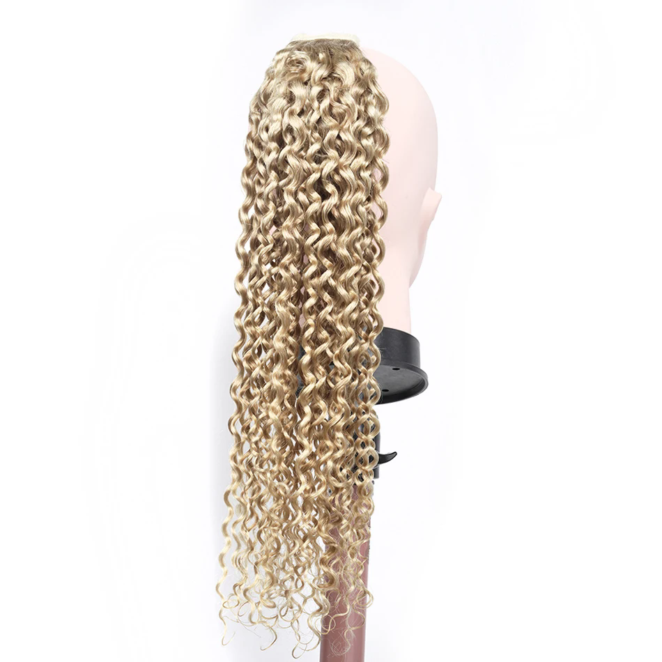 140G Water Wave Ponytail Human Hair Extension Drawstring Long hair for Pony Tail invisible Clip in Hairpiece For Woman Blonde Remy brazilian Hair