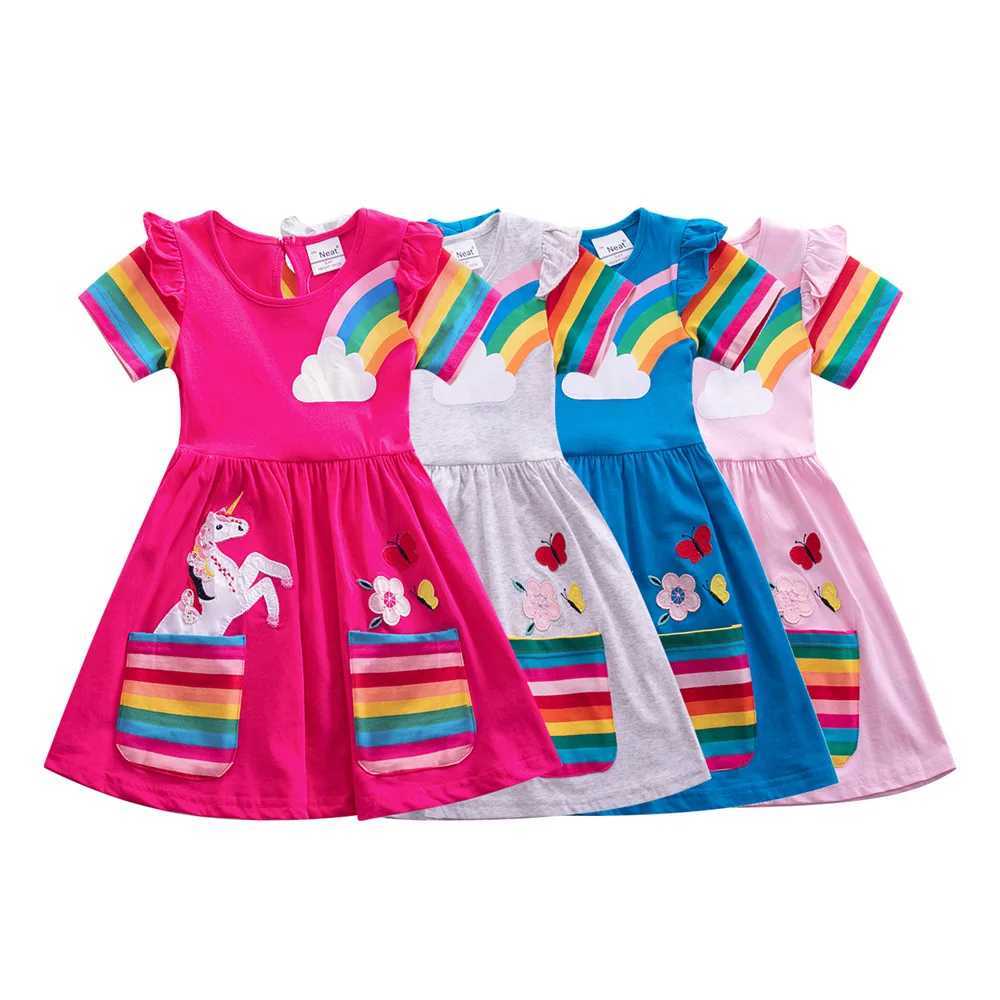 Girls Short Sleeve Unicorn Dress New Summer Embroidered Two Pockets Rainbow Sleeve Childrens SH81035 W250811
